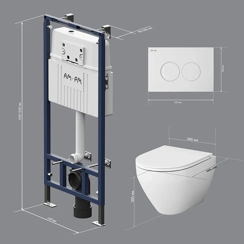 Унитаз подвесной безободковый с инсталляцией AM.PM Spirit 2.0 IS100101.701700 сиденьем микролифт, белой механ. клавишей