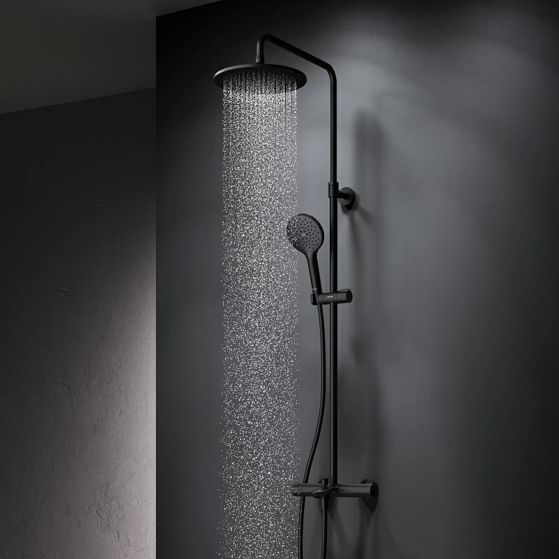 Душевая система AM.PM Like F0780522 стойка с тропическим душем, термостатом, смесителем, изливом, черная матовая