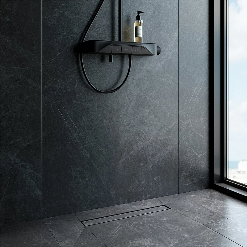 Душевой трап (лоток) 50 AM.PM MasterFlow W01SC-U11-050-04BM комбинированный затвор с черной матовой решеткой под плитку