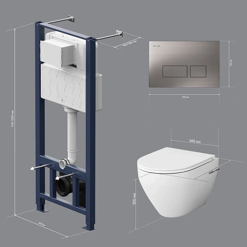 Унитаз подвесной безободковый с инсталляцией AM.PM Spirit V2.0 IS47031.701700 сиденьем микролифт, никель пневм. клавишей