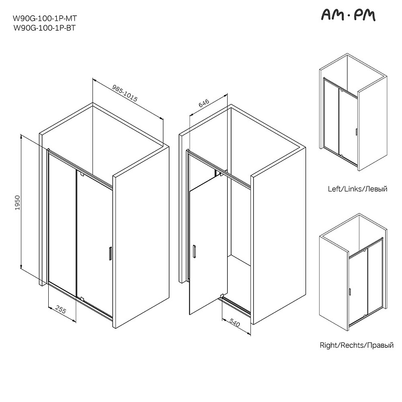 Душевая перегородка с дверью 100x195 AM.PM Gem W90G-100-1P-MT прозрачное стекло, профиль серебристый