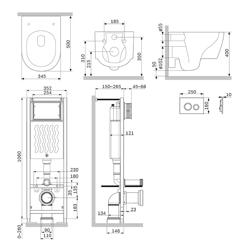 Подвесной унитаз безободковый с инсталляцией Damixa Jupiter IS110151.DX77C1700 сиденьем микролифт, хром механ. клавишей