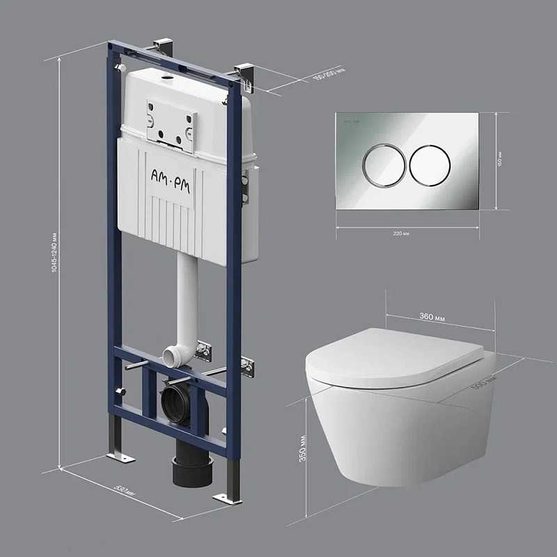 Унитаз подвесной безободковый с инсталляцией AM.PM Sense IS100151.741701 сиденьем микролифт, хром механ. клавишей