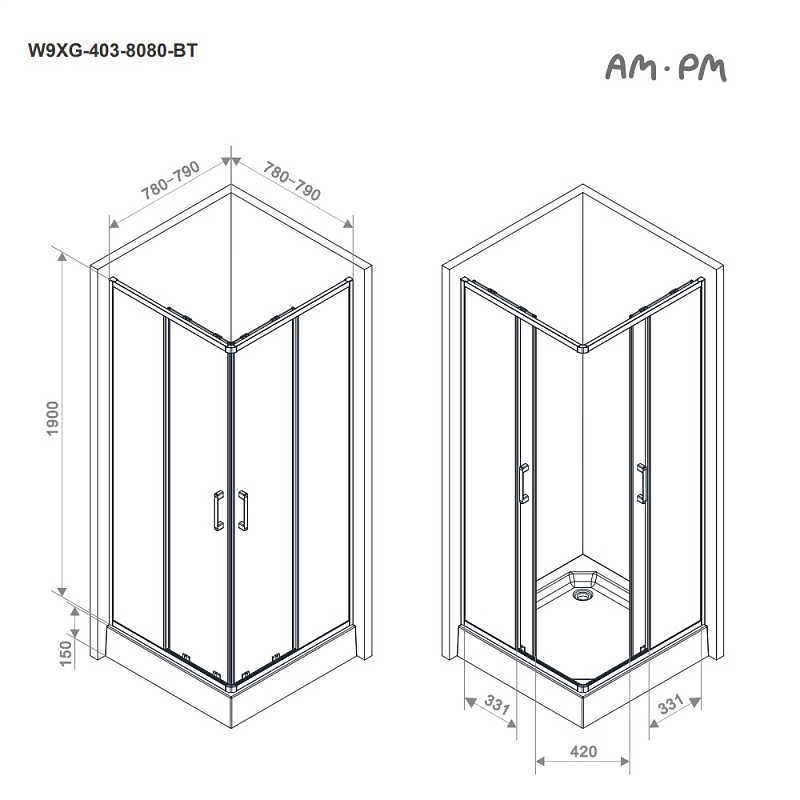 Душевое ограждение без поддона 80x80 AM.PM Above W9XG-403-8080-BT профиль черный