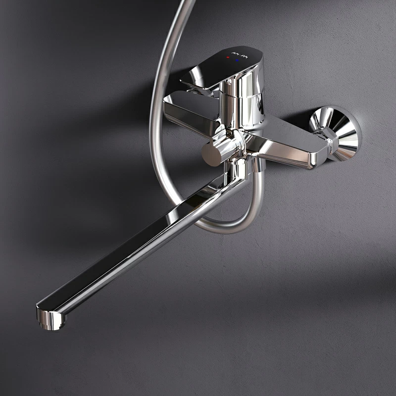 Душевая система AM.PM Gem F40890A94 стойка с тропическим душем, хром + смеситель для ванны с длинным изливом, хром