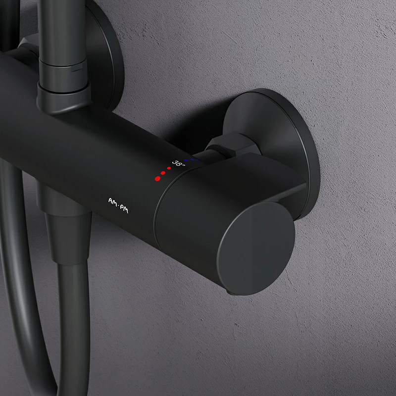 Душевая система AM.PM X-Joy F0785A422 стойка с тропическим душем, термостатом, смесителем, черная матовая