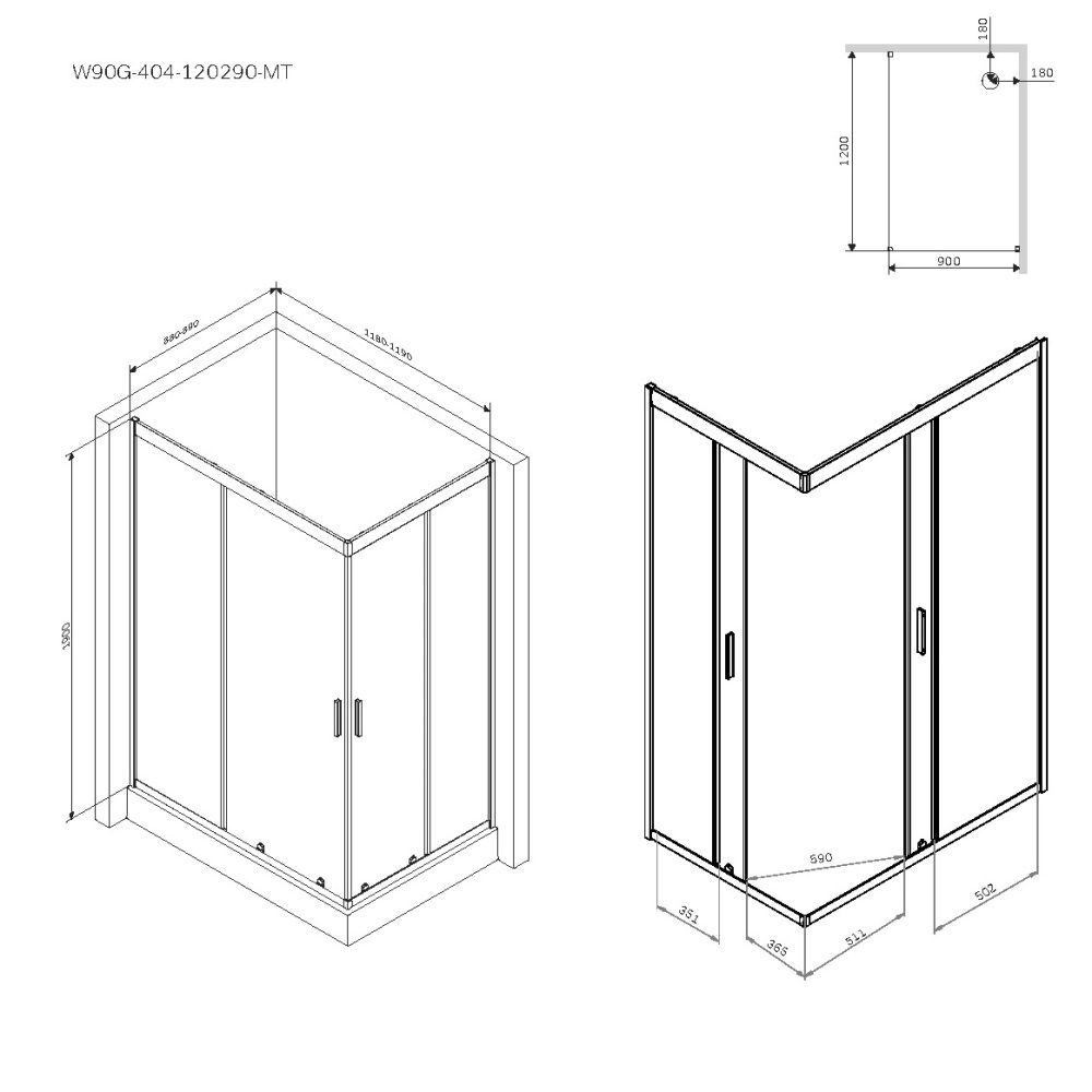 Душевое ограждение 120x90 см, без поддона Gem W90G-404-120290-MT, Хром, прозрачное