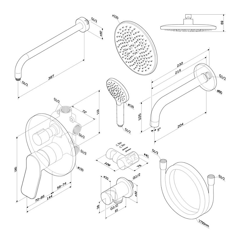 Встраиваемая душевая система AM.PM X-Joy FB85A3RH32 черный: тропический верхний душ, излив с душевой лейкой