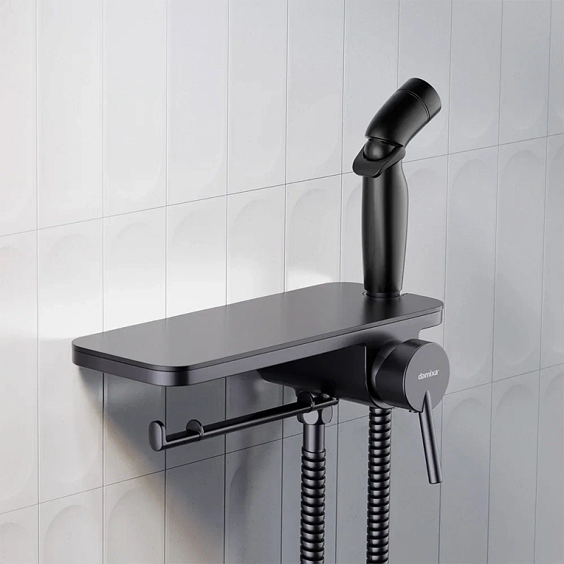 Гигиенический душ со смесителем Damixa Jupiter 773500301 черный встраиваемый, полка, шланг 1200, держатель туалетной бумаги
