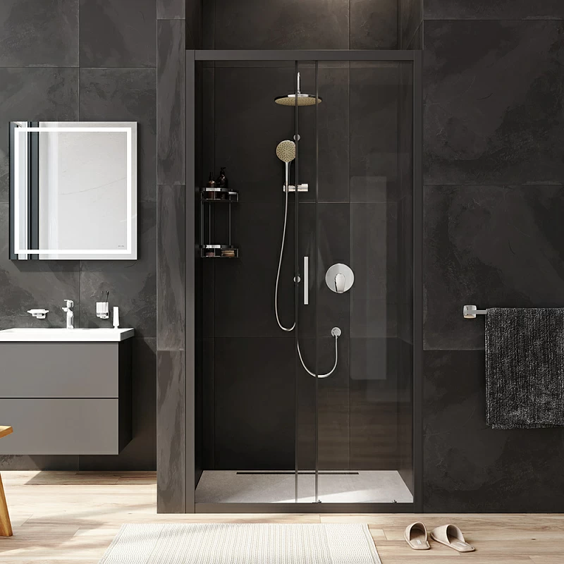 Душевая перегородка с дверью 100x195 AM.PM Gem W90G-100-1-195BT прозрачное стекло, профиль черный матовый