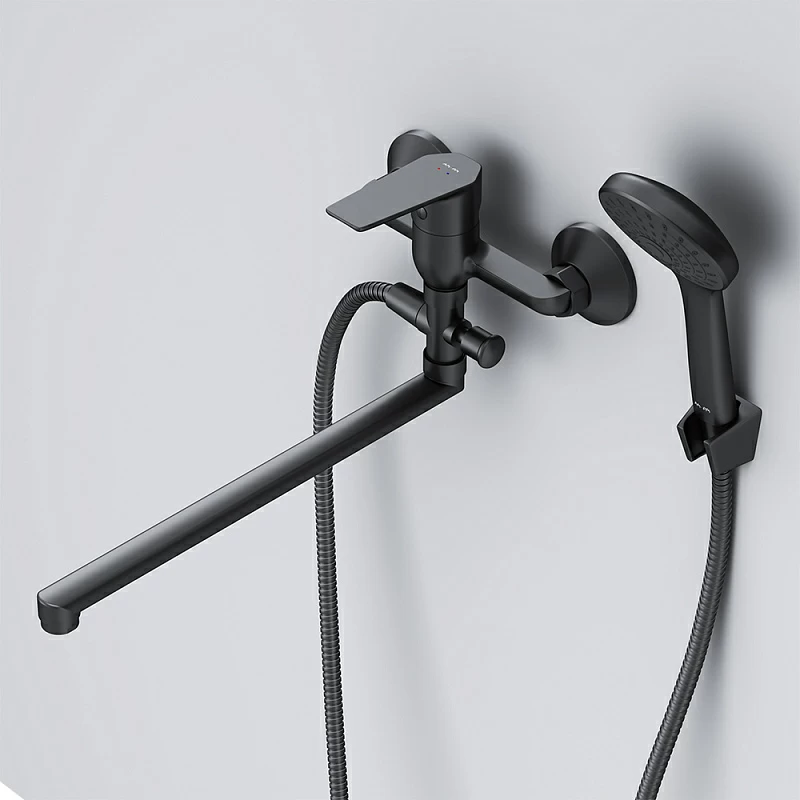 Смеситель для ванны и душа AM.PM Gem F90A90122 длинный излив, душевая лейка, шланг 1500, черный