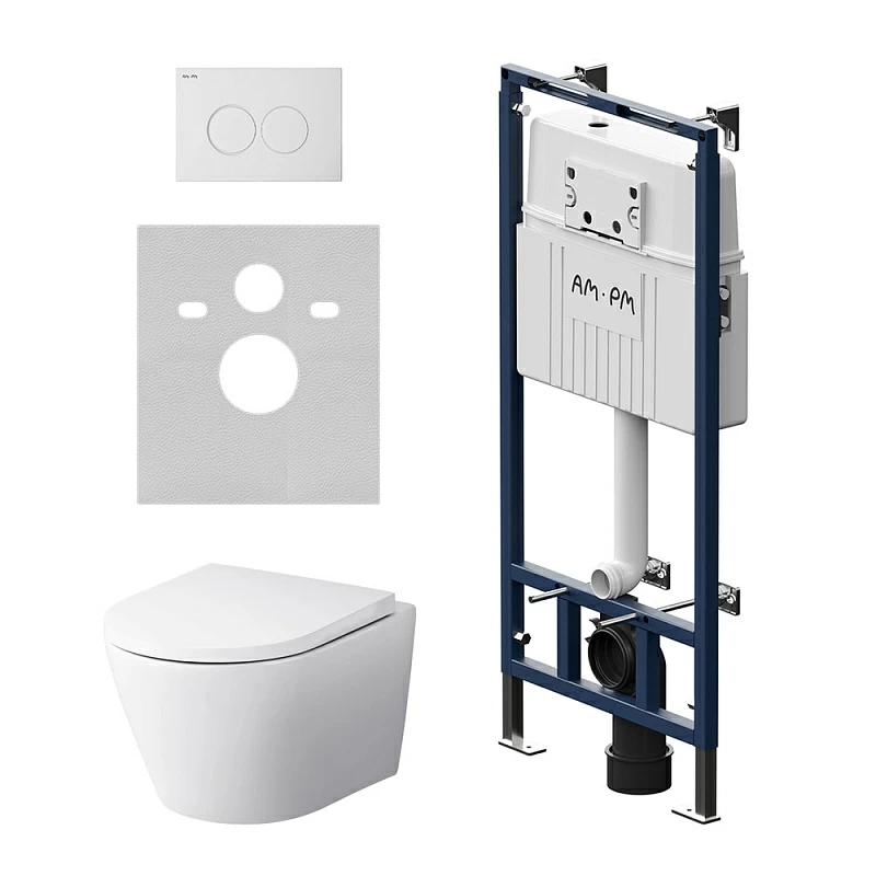 Унитаз подвесной безободковый с инсталляцией AM.PM Sense IS100101.741701 сиденьем микролифт, белой механ. клавишей