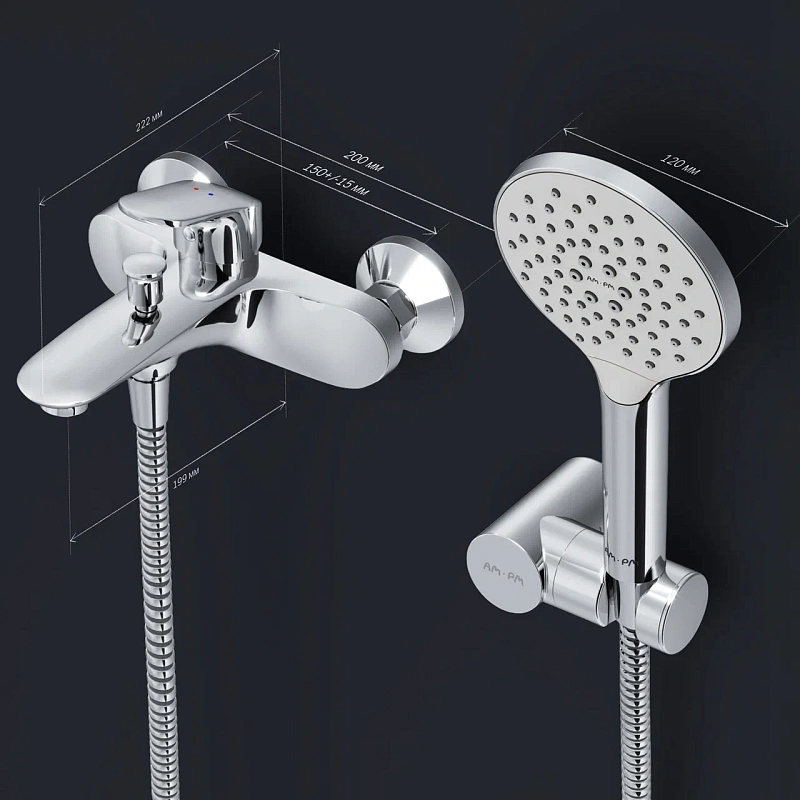 Смеситель для ванны и душа AM.PM Like F8015000 душевая лейка, шланг 1750, хром