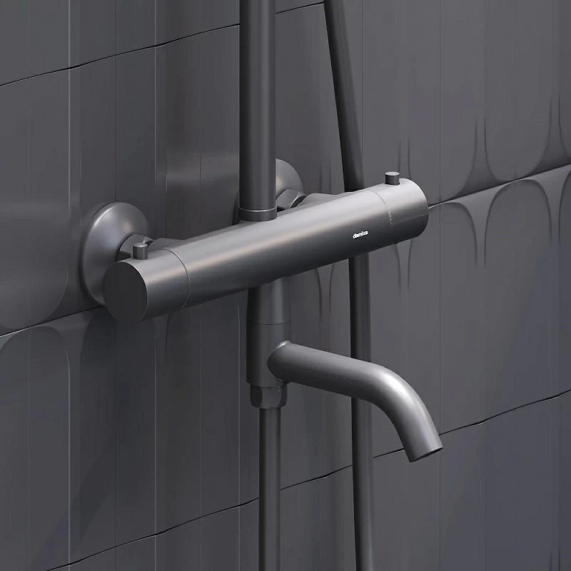 Душевая система Damixa Jupiter 977810300 стойка с тропическим душем, термостатом, смесителем, изливом, черная матовая