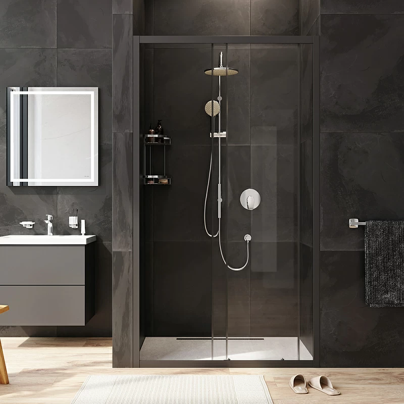 Душевая перегородка с дверью 110x195 AM.PM Gem W90G-110-1-195BT прозрачное стекло, профиль черный матовый