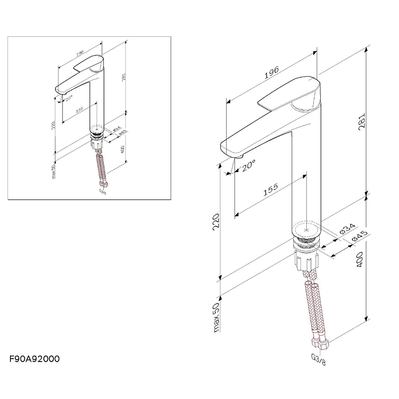 Смеситель для раковины (умывальника) AM.PM Gem F90A92000 высокий, хром