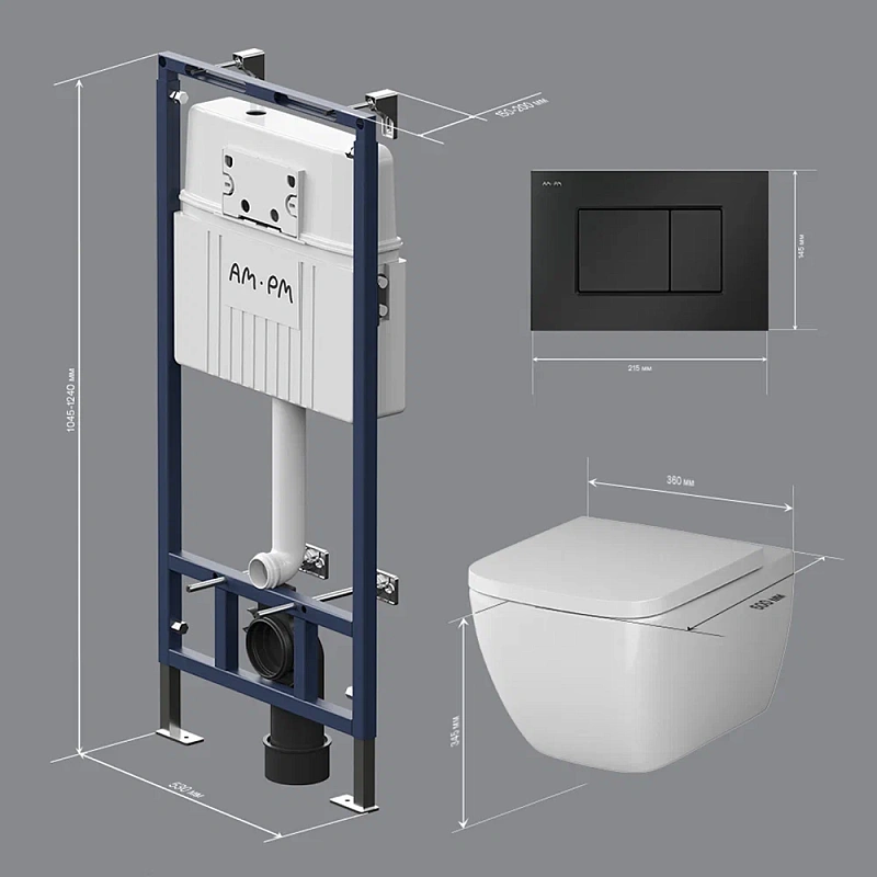 Унитаз подвесной безободковый с инсталляцией AM.PM Gem IS100238.901701 сиденьем микролифт, черной механ. клавишей