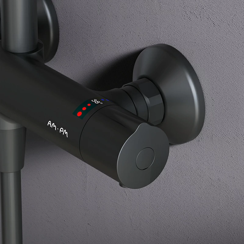 Душевая система AM.PM Like F0780422 стойка с тропическим душем, термостатом, смесителем, черная матовая