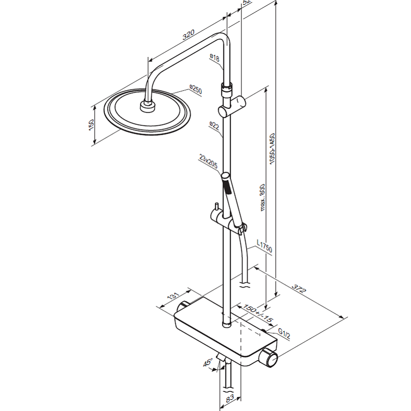 Душевая система Damixa Scandinavian Pure 936760300 стойка с тропическим душем, термостатом, смесителем, изливом, черная матовая
