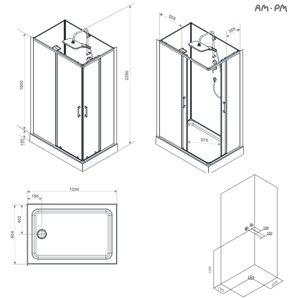 Душевая кабина 120x90 см, прямоугольная, без гидромассажа Above W9XC-403-12090MT, Хром, белый, прозрачное