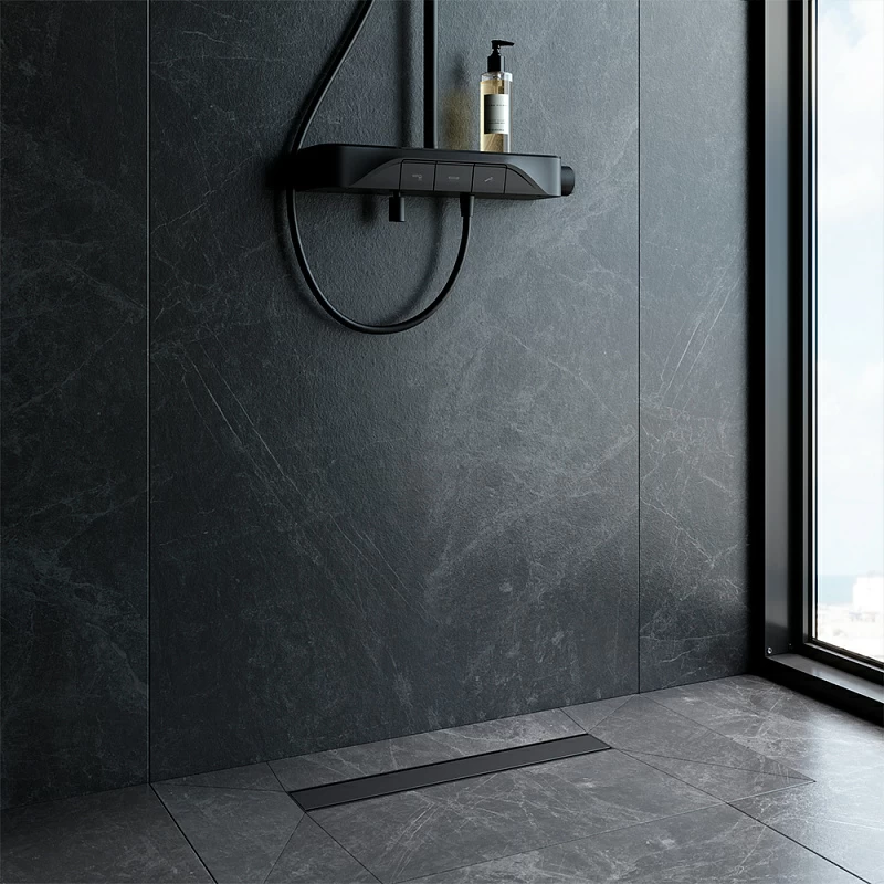 Душевой трап (лоток) 50 AM.PM PrimeFlow W02SC-U11-050-04BM комбинированный затвор с черной матовой решеткой под плитку