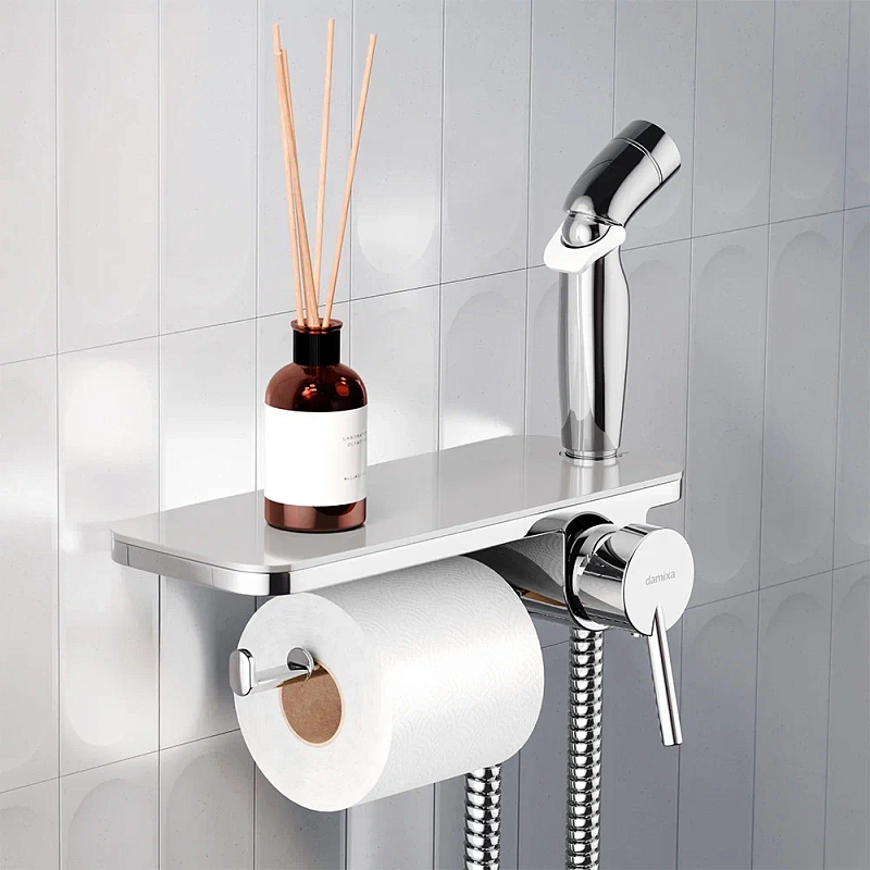 Гигиенический душ со смесителем Damixa Jupiter 773500001 хром встраиваемый, полка, шланг 1200, держатель туалетной бумаги