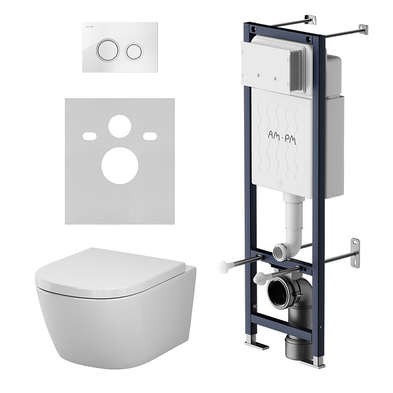 Унитаз подвесной с инсталляцией AM.PM Libre IS110101.601900 сиденьем микролифт, белой механ. клавишей