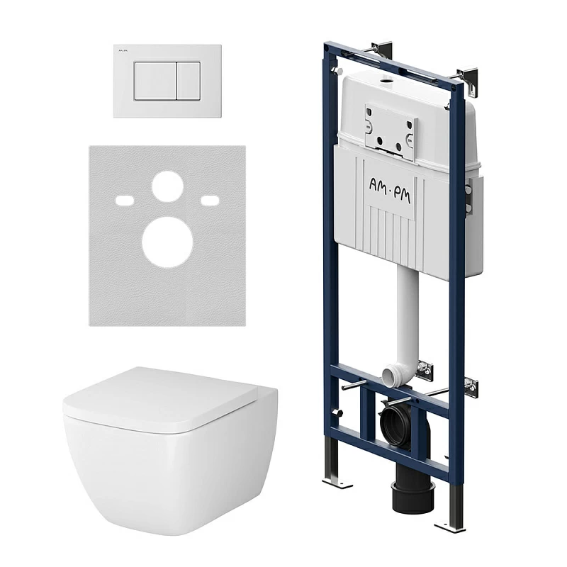 Унитаз подвесной безободковый с инсталляцией AM.PM Gem IS100201.901701 сиденьем микролифт, белой механ. клавишей