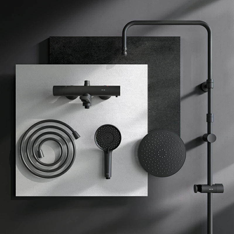 Душевая система AM.PM X-Joy F0785A522 стойка с тропическим душем, термостатом, смесителем, изливом, черная матовая