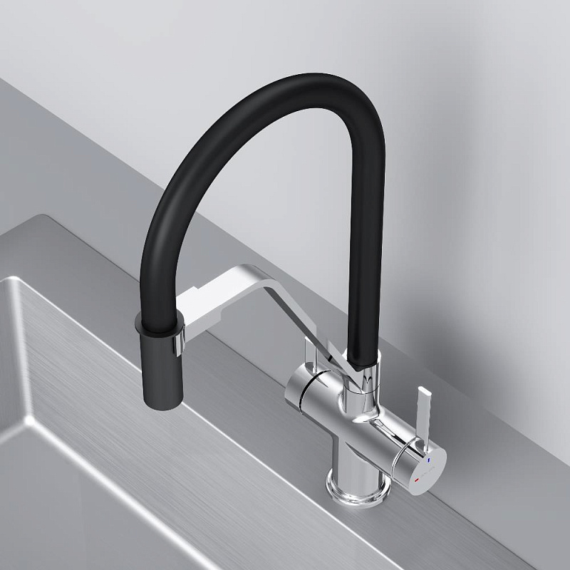 Смеситель для кухни AM.PM Func F8F07802 высокий, хром, с каналом для питьевой воды и гибким черным изливом