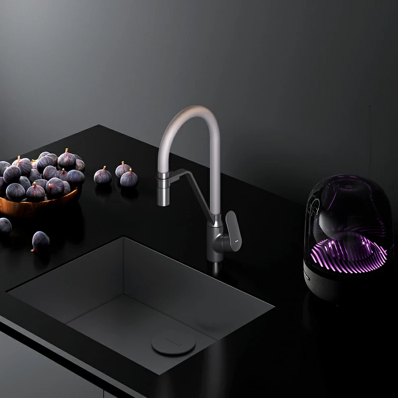 Смеситель для кухни AM.PM Like F8007825 высокий, черный, с серым гибким изливом и каналом питьевой воды