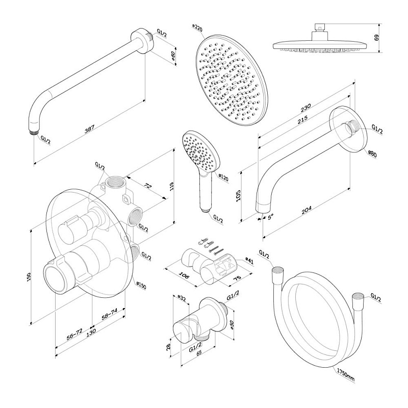 Встраиваемая душевая система AM.PM X-Joy FT85A3RH30 хром: тропический верхний душ, излив с душевой лейкой, термостат