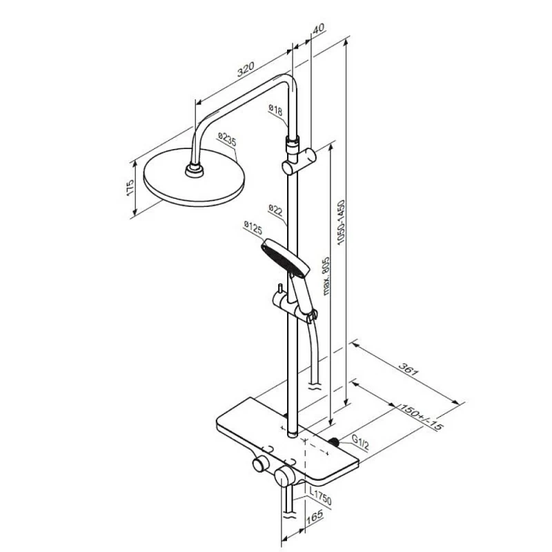 Душевая система Damixa Apollo 947730300 стойка с тропическим душем, изливом, черная