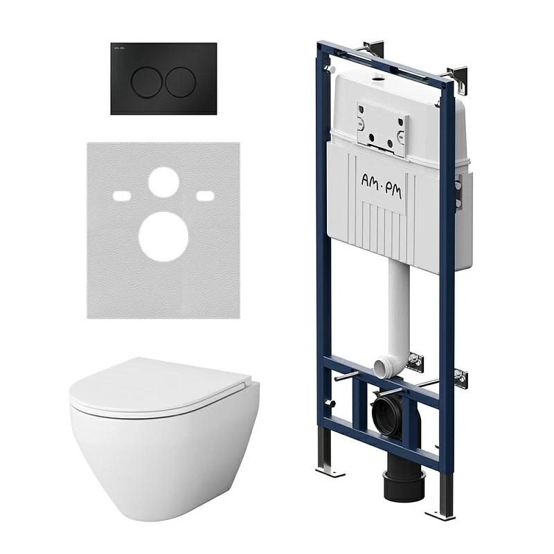 Унитаз подвесной безободковый с инсталляцией AM.PM Spirit 2.0 IS100138.701700 сиденьем микролифт, черной механ. клавишей