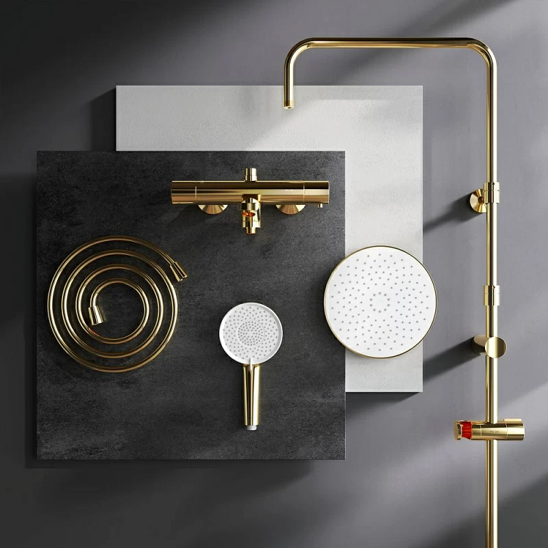 Душевая система AM.PM X-Joy F0785A599 стойка с тропическим душем, термостатом, смесителем, изливом, золото