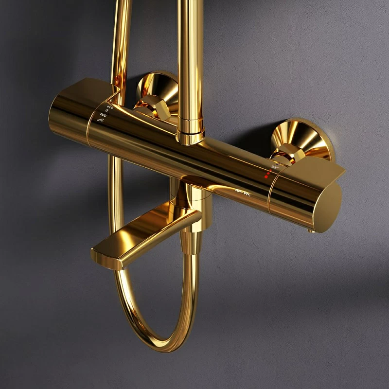 Душевая система AM.PM X-Joy F0785A599 стойка с тропическим душем, термостатом, смесителем, изливом, золото