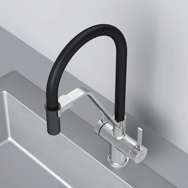 Смеситель для кухни AM.PM Func F8F07812 высокий, сатин с каналом для питьевой воды и гибким черным изливом