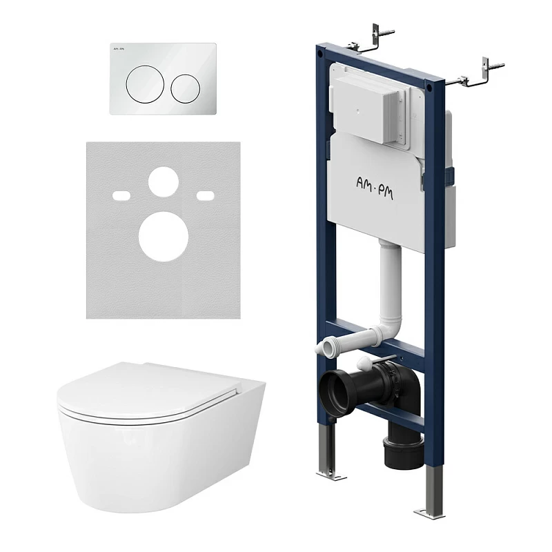 Унитаз подвесной безободковый с инсталляцией AM.PM Func IS90101.8F1701 сиденьем микролифт, белой механ. клавишей