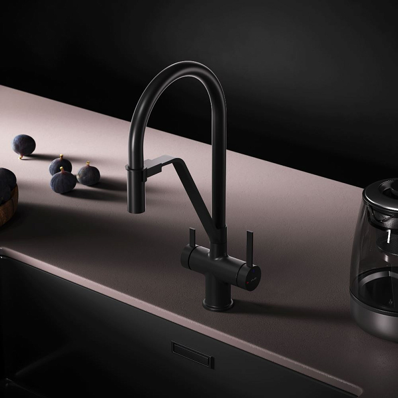 Смеситель для кухни AM.PM Func F8F07822 высокий, черный с каналом для питьевой воды и гибким черным изливом