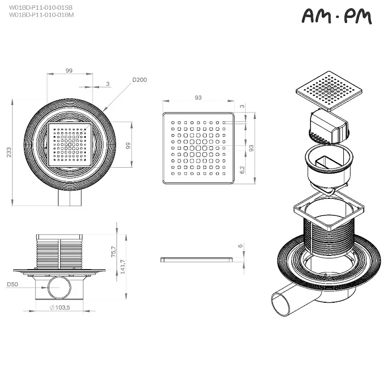 Душевой трап 10x10 AM.PM MasterFlow W01BD-P11-010-01SB комбинированный затвор со стальной матовой решеткой
