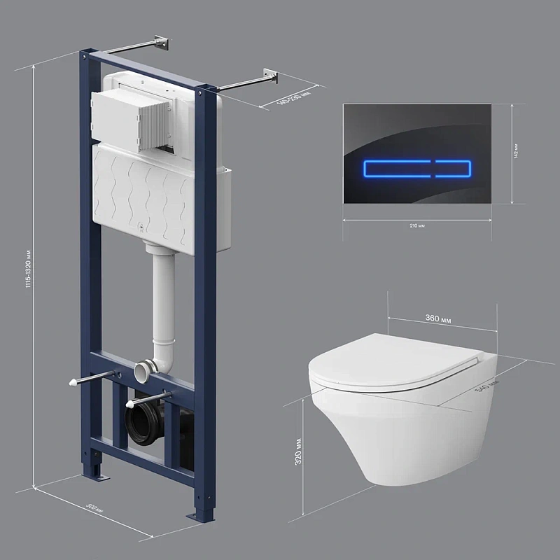 Унитаз подвесной безободковый с инсталляцией AM.PM Inspire IS450A38.501700 сиденьем микролифт, черной сенс. клавишей