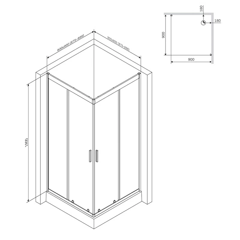 Душевое ограждение без поддона 90x90 AM.PM Gem S W93G-403-090BT профиль черный матовый