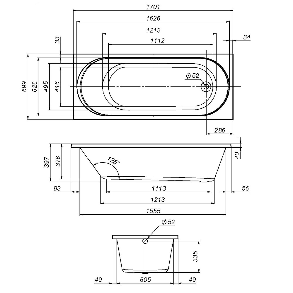 Ванна акриловая 170х70 X-Joy W94A-170-070W-A, Белый