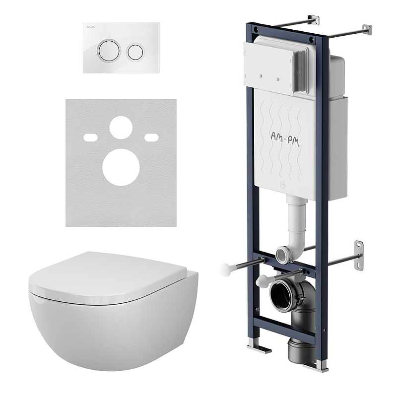 Унитаз подвесной безободковый с инсталляцией AM.PM Above IS110101.9X1900 сиденьем микролифт, белой механ. клавишей
