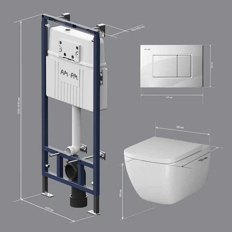 Унитаз подвесной безободковый с инсталляцией AM.PM Gem IS100201.901701 сиденьем микролифт, белой механ. клавишей