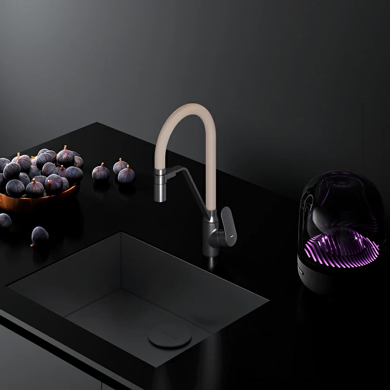 Смеситель для кухни AM.PM Like F8007826 высокий, черный, с бежевым гибким изливом и каналом питьевой воды