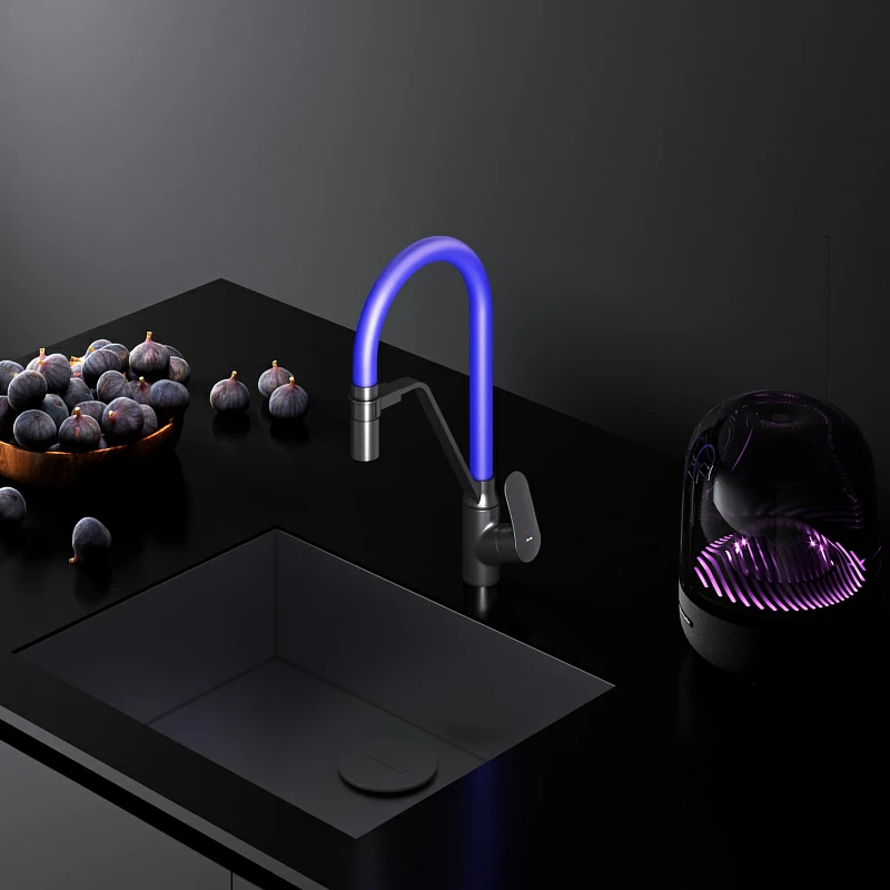 Смеситель для кухни AM.PM Like F8007827 высокий, черный, с синим гибким изливом и каналом питьевой воды