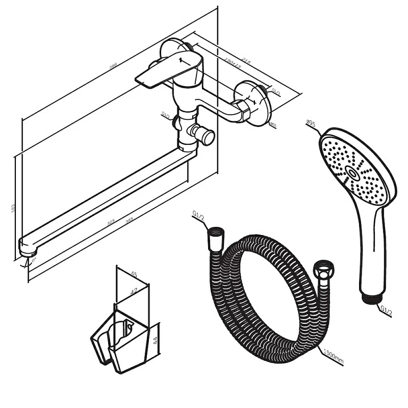 Смеситель для ванны и душа AM.PM Gem F90A90122 длинный излив, душевая лейка, шланг 1500, черный
