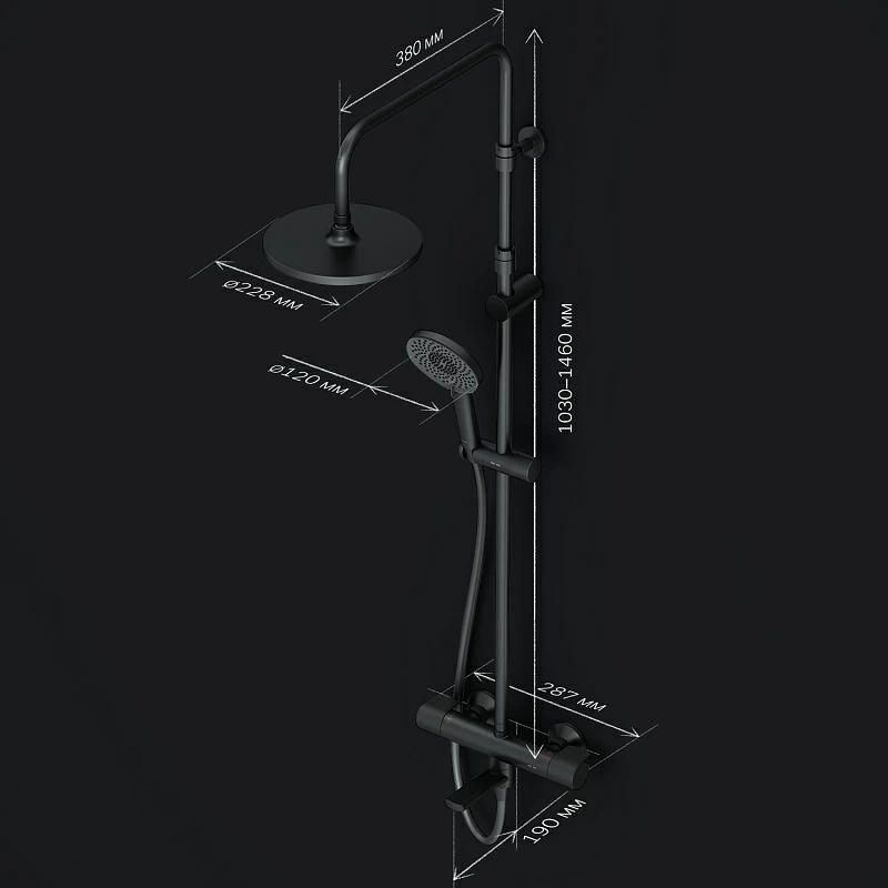 Душевая система AM.PM X-Joy F0785A522 стойка с тропическим душем, термостатом, смесителем, изливом, черная матовая