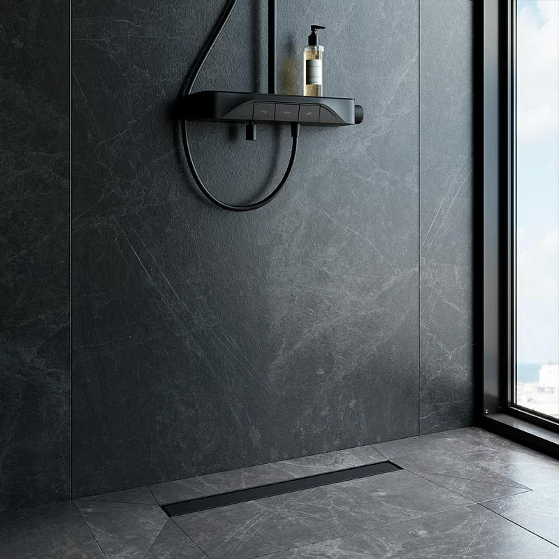 Душевой трап (лоток) 60 AM.PM MasterFlow W01SC-U11-060-04BM комбинированный затвор с черной матовой решеткой под плитку